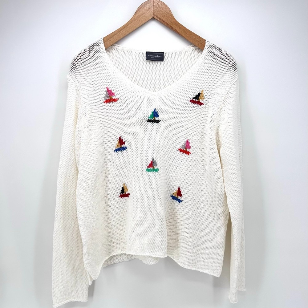 Wooden Ships M/L ANCHOR RAGLAN White Cotton V-Neck Sweater Nautical Anchors
